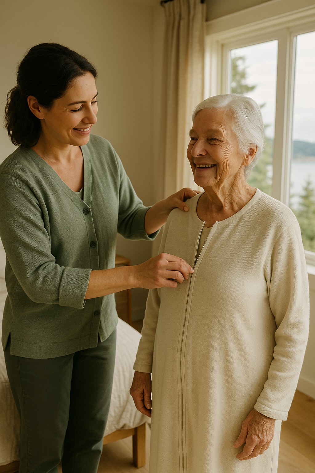 A caregiver tenderly helping a smiling senior into a soft zip-front recovery robe at home